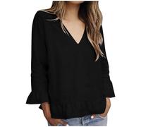 Nuisette d'été surdimensionnée en coton et lin à manches bouffantes et col en V pour femme - Style vintage - Confortable - Tendance, Noir , M