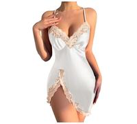 Nuisette en dentelle rouge, robe de nuit sexy courte en soie pour femme Robe de pyjama sans manches avec col en V Nuisette légère à fines bretelles spaghetti Vêtement de détente Couleur unie Vêtements