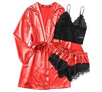 Nuisette en satin avec col en V et bordure en dentelle pour femme, Rouge, XL