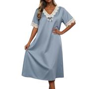 Nuisette en Soie glacée à Manches Courtes et Bordure en Dentelle, idéale pour l'été et comme vêtement d'intérieur. (Blue, XL)