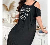 Nuisette en tricot de soie de lait ultra doux avec impression de texte anglais en une seule couleur, avec une épaule dénudée, grande taille 0XL,1XL,2XL,3XL,4XLLettres,UnicoloreTissu tricoté