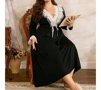 Nuisette en tricot noir grande taille avec col en V et manches longues ornées de dentelle, tenue de nuit pour femme, nuisette noire vintage, confortable et élégante, pour l'automne et l'hiver 1XL,2XL,