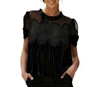 Nuisette en velours et dentelle florale pour femme - Manches courtes - Ourlet à volants - Col rond - Style péplum, Noir , S