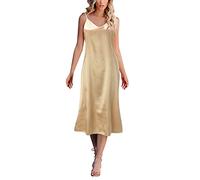 Nuisette Femme Longue, Chemises Nuit Satin D'été, Robe Chemise Ample, Lingerie Sexy Bretelles Spaghetti, sans Manches, Col en V, Vetement Antistatique, Beige Robe De Chambre