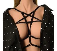 Nuisette Femme Sexy Satin Ensemble Sous Vetement Sangle de soutien-gorge sexy évidée étoile à cinq branches harnais sous-vêtements main chaîne de robe Lingerie Or Lingerie Femme Très (Black, One Size)