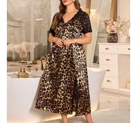 Nuisette longue en faux soie imprimé léopard, pyjama grande taille pour femmes, nuisette sexy noire à manches courtes, col V, fente latérale 0XL,1XL,2XL,3XL,4XLMotif texturéSatin