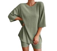Nuisette Longue Femme Pantalon Chaud Femme Hiver 2 Ensembles De Pyjamas en Côtelé Tenues Assorties T-Shirt Short De Vêtements Nuit Survêtements Short Sexy Pyjama Pyjama Green L