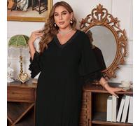 Nuisette noire en soie de lait douce avec patchwork en dentelle, taille grande. Robe de nuit mi-longue, robe de pyjama, robe longue, pour l'automne 1XL,2XL,3XL,4XL,5XLBlocs de couleur,UnicoloreTissu t