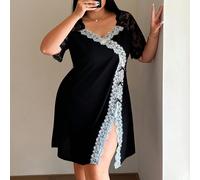 Nuisette noire sexy en dentelle et patchwork grande taille 0XL,1XL,2XL,3XL,4XLPlantesTissu tricoté