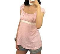 Nuisette pour femme Fairy Coquette Y2k Manches courtes à pois Grunge Fluide Preppy Tees Vintage Esthétique Vêtements, rose, S