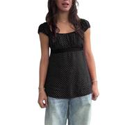 Nuisette pour femme Fairy Coquette Y2k Manches courtes à pois Grunge Fluide Preppy Tees Vintage Esthétique Vêtements, Noir , S