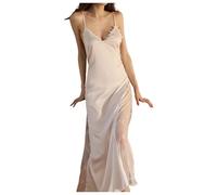 Nuisette Satin Femme Chemises Bretelles Croisées Nuisettes Manches Longues Amples Robes Dentelle Fine Pyjamas Tenue Décontractée Confy Lingeries Taille Lastique Confort pour Soirée Romantique