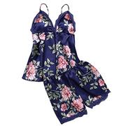 Nuisette Sexy Femme Erotique Grande Taille s-4xl DAY8 Pyjama Femmes Satin Dentelle Vetement Femme Pas Cher a la Mode Chemise de Nuit Ensemble Lingerie Top Haut de Pyjama Short Femme (XXXXL, Bleu)