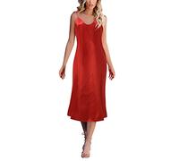 Nuisette sexy pour femme - Grande taille - Chemise de nuit longue en satin - Robe de nuit unie - Col en V - Nuisette légère - Élégante chemise de nuit - Pyjama - Robe longue à bretelles, rouge, XL