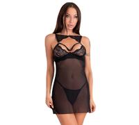 Nuisette Transparente Dentelle Micro Resille Avec String Noir Tailles SM XL