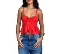Nuisette Y2K pour femme - Couleur unie - Bretelles spaghetti froncées - Col noué - Sans manches - Ourlet à volants, Rouge, XL