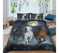 Nuit Cheval Trio Linge de Lit Microfibre 3 pièces Imprimé en 3D Respirante Art Moonlit scène Ensemble De Literie avec 2 x Taies d'oreiller Confortable for Chambre de Adolescents Double（200x200cm）