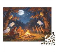 Nuit de Feu de Camp Forêt Puzzle 1000 Pièces Papier pour Adultes Esprits Magiques et Faune Nocturne Loisirs Famille Relaxation Décoration 38x26cm/1000pcs
