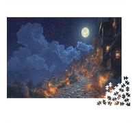 Nuit de Pleine Lune Puzzle 1000 Pièces Papier pour Adultes Rue Pavée Jeu de Puzzle 1000 Pièces Détente Cadeau Famille 70x50cm/1000pcs