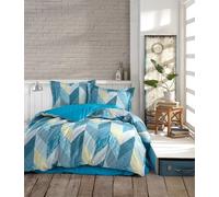 Nuit Des Rêves Ranforce Parure de lit Double (200 x 200 cm), 100% Coton, Bleu/Blanc/Jaune, 2 taies d'oreiller (80 x 80 cm), Lavable en Machine, Design élégant avec Fermeture à Bouton