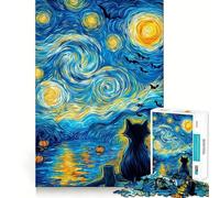 Nuit d'halloween étoilée avec Chat Noir Puzzle de 1000 pièces pour Adultes Jeu Intelligent Anti-Stress Motif à Assembler Surprise de Noël 50x75cm