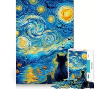 Nuit étoilée d'halloween avec Chat Noir Puzzle de 1000 pièces pour Adultes Jeu de logique et de complicité Qualité supérieure Cadeau de qualité 38x52cm