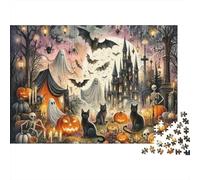 Nuit Halloween Couleur vive 1000 pièces Puzzle pour Adultes Cimetière Halloween Effrayant œuvre d'art Chat fantôme Premium Robuste Haute qualité Difficile soulagement du Stress 70x50cm/1000pcs