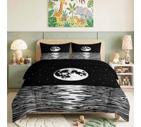 Nuit Pleine Lune Parure de Lit 140 x 200 cm Housse de Couette | Noir Impression Ensemble de literie Vagues Ondulations Eau Douce Literie, Antibactérien Housse de Couette pour Enfants Adulte