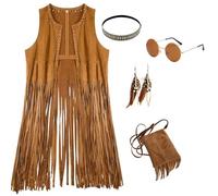 Nujvnuj Accessoires hippie vêtements hippie femmes gilet à franges femmes tenue de fête de la paix hippie tenue : robe à franges, lunettes de soleil, bandeau, boucles d'oreilles, sac à bandoulière