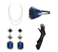 Nujvnuj Ensemble d'accessoires pour femme années 1920 - Costume Gatsby avec bandeau, collier, gants, bleu, noir, blanc, taille unique