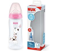 NUK biberon First Choice+ Flow Control | 6-18 mois | Contrôle de température | Tétine en silicone | Valve anti-coliques | Sans BPA | 360 ml | Rose | 1 unité