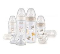 NUK First Choice+ Perfect Start Bottle Set, Genius Brush and Dummy | 0-6 Months | Silicone Teats | Temperature Control | Transparent [Boy/Girl] | 10 Count