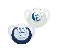 NUK Disney - Lot de 2 tétines en silicone Mickey Mouse Star Day & Night - Adaptées à la mâchoire - 6-18 mois - Sans BPA - Lot de 2 - Blanc et bleu - Édition limitée
