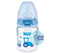Nuk First Choice + Biberon, 0-6 mois, contrôle de température, vanne anti-colique, tétine en silicone, sans BPA, tracteur bleu, 150 ml
