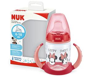 NUK First Choice+ Biberon d'apprentissage | 6 à 18 mois | 150 ml | Valve anti-colique | Bec anti-fuite | Poignées ergonomiques | Sans BPA | Disney Minnie Mouse | Rouge