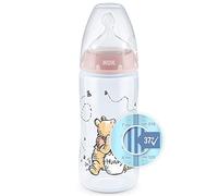 NUK First Choice+ Biberon Disney | 0 à 6 mois | Affichage de la température | Biberon de 300 ml avec valve anti-colique | Sans BPA | Tétine en silicone | Winnie l'ourson (rose)