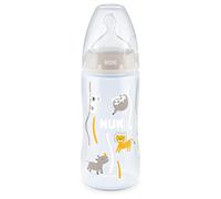 NUK First Choice+ Biberon, pour bébé de 6 à 18 mois, contrôle de la température, contrôle du flux, valve anti-colique, 300 ml, sans BPA, tétine en silicone, safari (neutre)