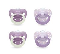 NUK First Choice Classic Day & Night Sucettes pour bébé | 0-6 mois | Sucettes orthodontiques qui brillent dans le noir | 95% d’acceptation par les bébés** | Assorti | Lot de 4