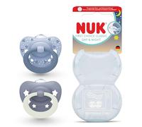 NUK First Choice Classic Day & Night Sucettes pour bébé | 0-6 mois | Sucettes orthodontiques qui brillent dans le noir | 95% d’acceptation par les bébés** | Bleu | Lot de 2