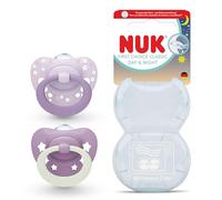 NUK First Choice Classic Day & Night Sucettes pour bébé | 0-6 mois | Sucettes orthodontiques qui brillent dans le noir | 95% d’acceptation par les bébés** | Violet | Lot de 2