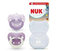 NUK First Choice Classic Day & Night Sucettes pour bébé | 18-36 mois | Sucettes orthodontiques qui brillent dans le noir | 95% d’acceptation par les bébés** | Violet | Lot de 2