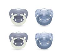 NUK First Choice Classic Day & Night Sucettes pour bébé | 6-18 mois | Sucettes orthodontiques qui brillent dans le noir | 95% d’acceptation par les bébés** | Assorti | Lot de 4