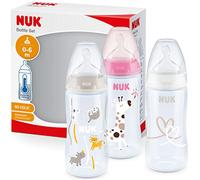 Nuk First Choice+ Lot de 3 biberons pour bébé de 0 à 6 mois, contrôle de la température, anti-coliques, 300 ml, sans BPA, tétine en silicone, motif girafe rose 10225265