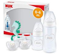 NUK First Choice+ set de biberons nouveau-né | 0-6 mois | 2 biberons, 2 tétines et un anneau de dentition | anti-colique | Sans BPA | blanc (cœur) | 5 unités