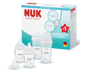 NUK Perfect Match Biberons | 0-3+ mois | 120 ml & 230 ml | Biberon nouveau né anti-colique | Verre | Indicateur de contrôle de température | Arc-en-ciel | Lot de 4