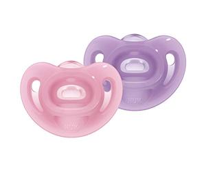 NUK Sensitive - Lot de 2 sucettes - 6 à 18 mois - 100% silicone pour peau délicate - Sans BPA - Violet et rose