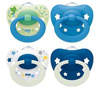 NUK Signature Day & Night Tetine pour bébé | 6-18 mois | Apaise 95 % des bébés | Sucettes en silicone sans BPA, en forme de cœur | Brille dans le noir | Étoiles | Lot de 4