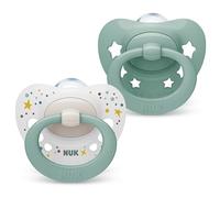 NUK Signature Lot de 2 tétines en silicone en forme de cœur sans BPA pour bébé de 0 à 6 mois avec étui Motif étoiles vertes