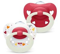 NUK Signature Night Lot de 2 tétines en silicone sans BPA en forme de cœur phosphorescentes dans le noir avec étui pour bébé de 6 à 18 mois Apaise 95% des bébés