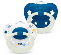 NUK Signature Night Lot de 2 tétines en silicone sans BPA en forme de cœur phosphorescentes dans le noir avec étui pour bébé de 6 à 18 mois Apaise 95% des bébés